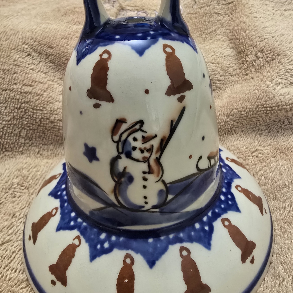 Festive Snowman Ceramic Bell with Blue and Brown Design